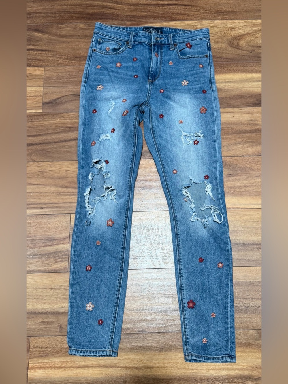 Lucky Brand Blue Skinny Jeans with Red & Pink Floral Embroidery Bridgette size 2